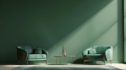 A room with two green chairs and a table. The chairs are facing each other and the table is in the middle