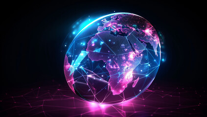 Abstract glass egg with a glowing digital map of North America and South America on a dark background, representing a global network concept. A digital rendering of a world sphere or planet Earth.