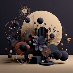 Abstract composition Simple geometric shapes Dark colored illustration Floral elements 3D rendering