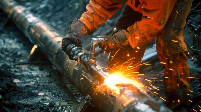 Closeup of a worker using a blowtorch to weld two sections of gas pipe together.