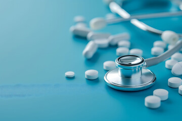 Close-up of a stethoscope and white pills on a blue surface