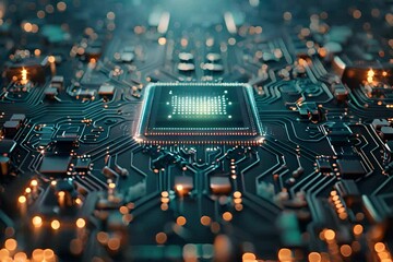 A captivating blue circuit board background adorned with a central chip. - Powered by Adobe