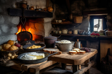 A wooden table displaying food in front of a cozy fireplace, creating a warm and inviting atmosphere in the room