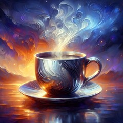 A captivating painting of a close-up, steaming cup of coffee on a warm summer night.