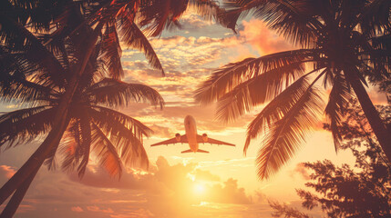 The plane flies against the background of palm trees and sunset sky. Travel concept with tropical landscape, real photo