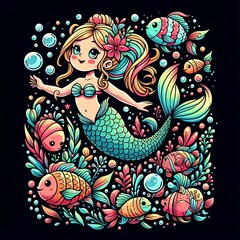 A charming cartoon mermaid swimming underwater with colorful fish.