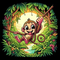 A cheerful anthropomorphic monkey swinging from vines in a lush jungle