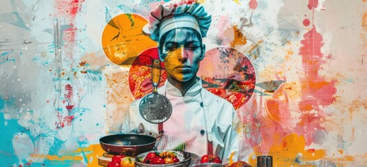 The photo shows a chef wearing a toque and apron, holding a frying pan. The background is a colorful abstract painting.