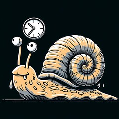 A comical cartoon snail slowly inching along with its shell on its back