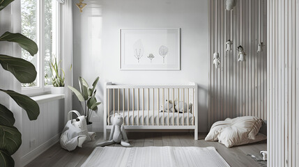 3D rendering of a baby room with a crib and a chair modern Interior of cozy baby room with crib and bedding.