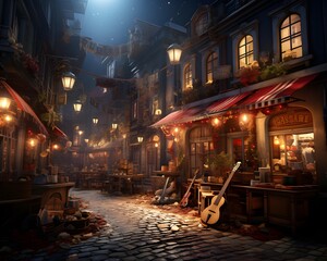 Night street view of old european city with bar and pub