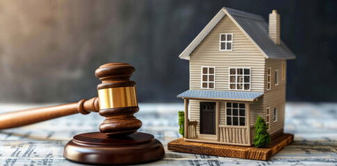 photo of wooden gavel and model house on table, real estate law concept