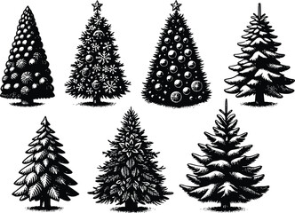christmas tree set silhouette hand drawn black and white illustration