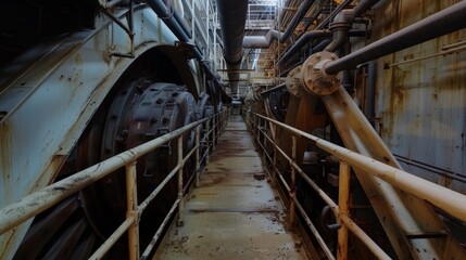 A glimpse of the main turbine through a maze of pipes and walkways.