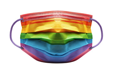 A rainbow face mask with adjustable ear loops and a nose wire for a custom fit.