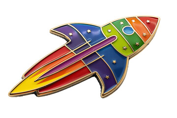 Enamel pin in the form of a rainbow rocket.