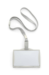Blank badge with grey string isolated on white, top view