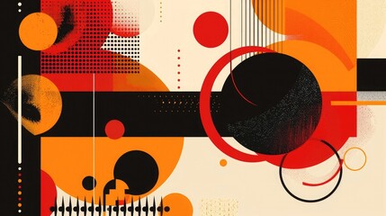 Abstract background with geometric shapes and circles in red, orange, and black colors, vector illustration. Modern design for a banner, poster or cover template