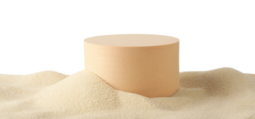 Presentation of product. Beige podium on sand against white background