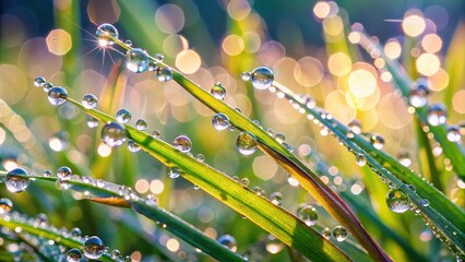 A close-up of dewdrops glistening on blades of grass, painted with delicate watercolor strokes