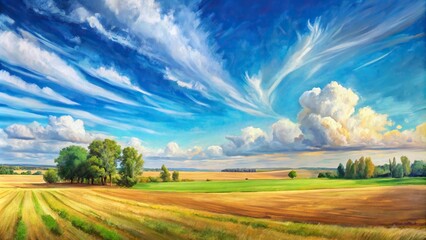 A panoramic view of a vast open field under a clear blue sky, painted with soft watercolor strokes