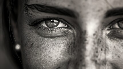 Naklejka premium A close-up of a woman's eye. The eye is dark and intense, with a hint of sadness.