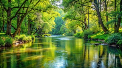 A peaceful river flowing gently through a verdant forest, its surface painted with gentle watercolor strokes