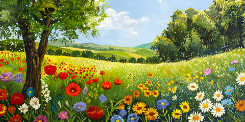 Flower field with poppies, daisies, surrounded by warm sunlight. Spring meadow covered with bright and colorful wildflowers against background of blue sky. Beauty of nature and surrounding world. 