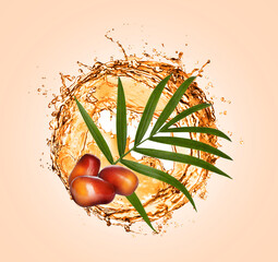 Cooking oil splashing, palm leaf and fruits on beige background