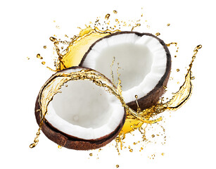 Coconut and splash of cooking oil on white background