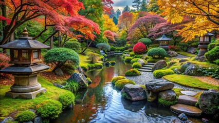 A tranquil Japanese garden with a winding stream, stone lanterns, and vibrant foliage, providing a natural, free space for meditation and contemplation
