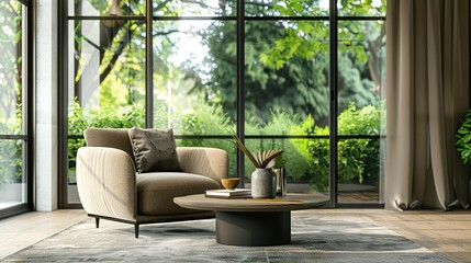 Panoramic 3D rendering of an interior featuring an armchair and coffee table.