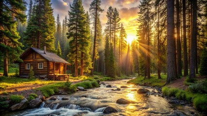 A cozy cabin nestled among tall pine trees in a secluded forest clearing, with a bubbling creek flowing nearby and a soft, golden sunlight filtering through the branches
