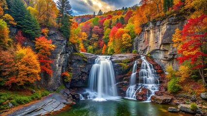 A secluded waterfall cascading down rugged cliffs, framed by colorful autumn foliage.