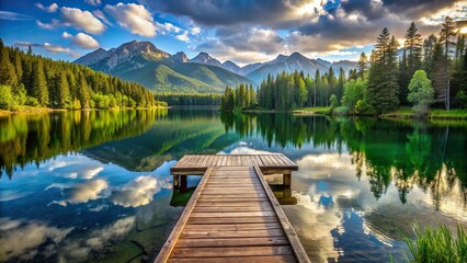 A rustic wooden dock extending into a tranquil lake, surrounded by lush greenery and distant mountains. - Powered by Adobe