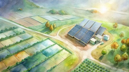 A dynamic aerial perspective of a smart farm, showcasing the geometric patterns of crop rows and the integration of renewable energy sources like solar panels