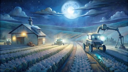 A cinematic view of a smart farm bathed in moonlight, where automated machinery works tirelessly to tend to the crops, symbolizing the marriage of technology and agriculture
