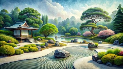 A meditative depiction of a Zen garden, painted with subtle watercolors, capturing the essence of tranquility and mindfulness in a minimalist landscape