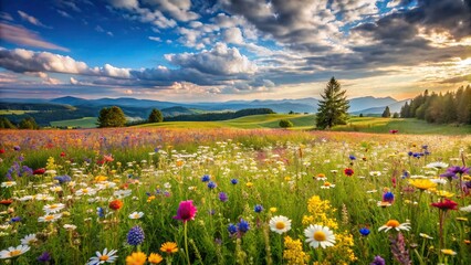 A serene meadow with wildflowers blooming under a vast, open sky