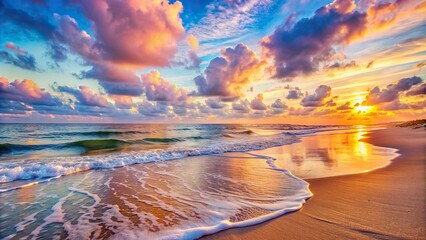A calm beach at sunrise, with soft pastel hues painting the sky and waves lapping the shore.