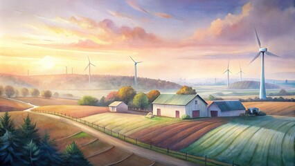 A panoramic view of a smart farm at sunset, featuring wind turbines generating clean energy to power agricultural operations