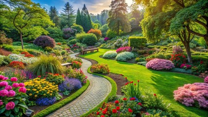A serene garden with winding pathways, blooming flowers, and lush greenery, perfect for relaxation and reflection