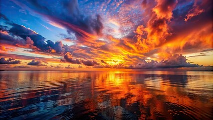 A breathtaking sunset over a calm ocean, with fiery colors reflecting off the water's surface