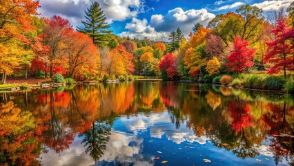 A secluded pond surrounded by colorful autumn foliage, reflecting the changing colors of the season.