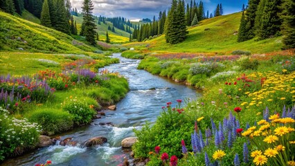 A babbling brook winding its way through a lush meadow, bordered by colorful wildflowers