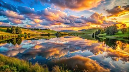 A tranquil lake nestled among rolling hills, its surface reflecting the colors of the sky at sunset, providing a breathtaking natural panorama.