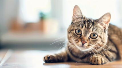 Domestic cat lying on floor with attentive gaze