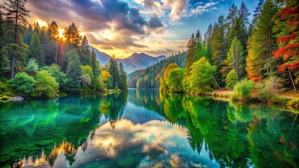 A serene lake nestled in a lush forest, with vibrant watercolor hues reflecting the natural beauty
