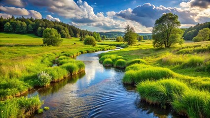 A gentle stream winding its way through a lush, verdant meadow, offering a sense of tranquility and serenity