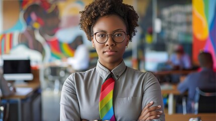 Black woman in her late thirties with short curly hair, wearing business casual attire and a rainbow tie standing at the front of an office room looking directly into the camera,Generative AI